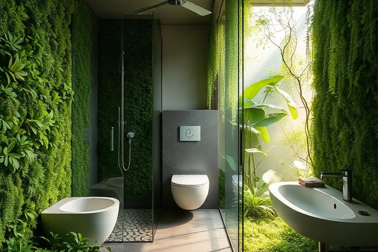 Biophilic bathroom with living moss walls and shower garden