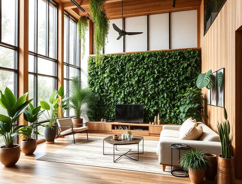 Biophilic interior design with living green wall, indoor plants, and natural light