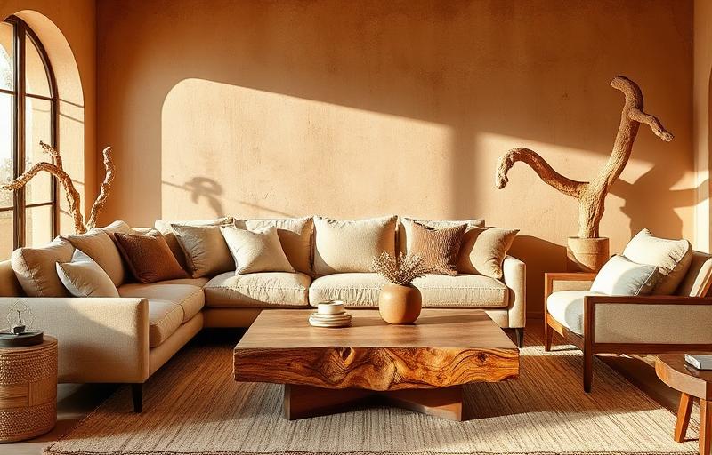 Desert modern living room with bouclé sofa and reclaimed wood furniture