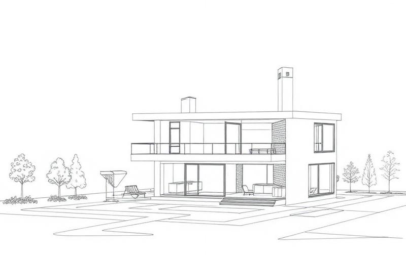 Architectural blueprint sketch transforming into a modern home concept