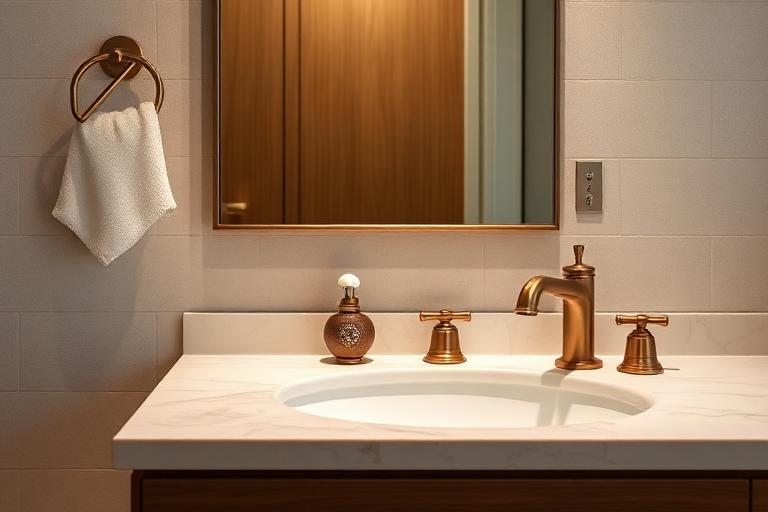 Bathroom with mixed metal finishes - bronze and gold fixtures