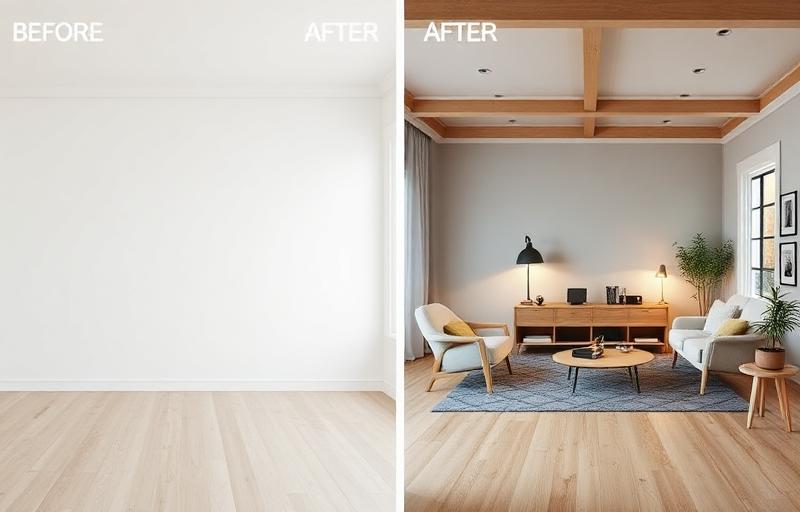 Before and after room transformation with Scandinavian modern design