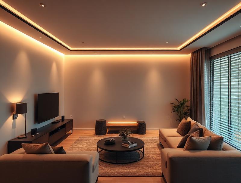 Smart home interior design with ambient automated lighting and integrated technology