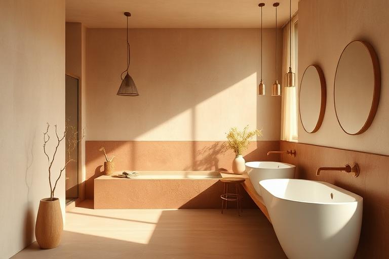 Warm minimalist bathroom with greige walls and terracotta accents